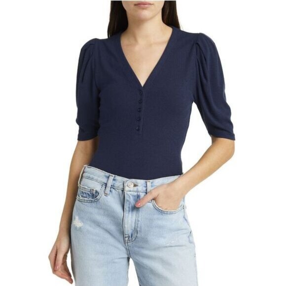 Frame Tops - Frame Women's Rib Ruched Sleeve Henley Tee V -neck Small Navy New with Tag